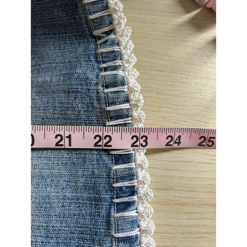 Crest Jeans Top L Blue Crochet Sleeve Denim V-Neck Boho Y2K Western Festival - Picture 10 of 11
